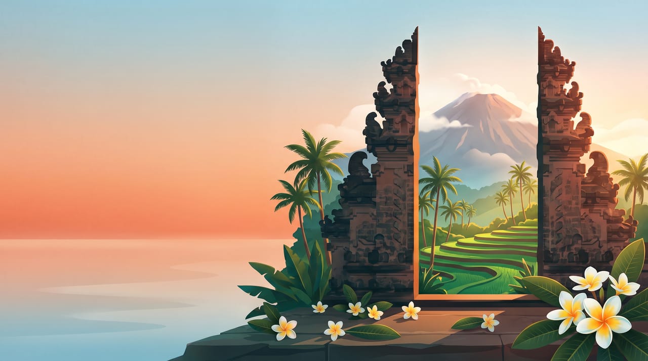Illustration eines balinesischen gespaltenen Tempeltors, das einen Vulkan und Reisterrassen einrahmt, Bali, Indonesien